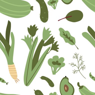 Kusursuz desenli, el çizimi renkli sebzeler. Vektör dokusu. Salatalık, kereviz, avokado, soğan, lahana arka planı. Vejetaryen sağlıklı yiyecekler.