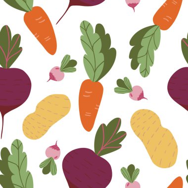 Kusursuz desenli, el çizimi renkli sebzeler. Vektör dokusu. Havuç, patates pancarı, turp arka plan. Vejetaryen sağlıklı yiyecekler.