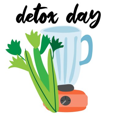 Detoks günü - mesaj. Sağlıklı kereviz püresi. El çizimi düz çizgi film vektör çizimi izole edildi. Sağlıklı yaşam tarzı sabah enerjisi kahvaltı beslenme konsepti