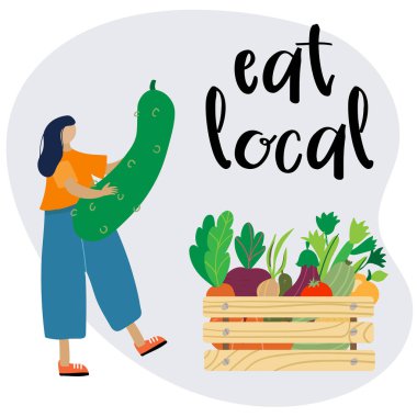 Kadın salatalık taşıyor. El çizimi düz çizgi film vektör çizimi izole edildi. Yerel kavramı ye