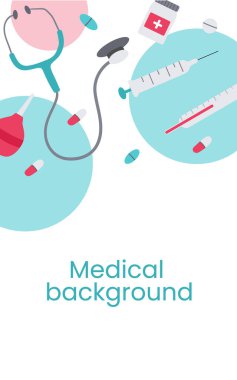 Hastane ve klinikle ilgili ikonlar içeren medikal dikey pankart. Düz renk vektör kenarı, tasarım posteri için çerçeve, broşür, web çöpü. Kopya alanı ile izole illüstrasyon.