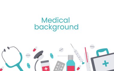 Hastane ve klinikle ilgili ikonlar içeren medikal yatay pankart. Düz renk vektör kenarı, tasarım posteri için çerçeve, broşür, web çöpü. Kopya alanı ile izole illüstrasyon.