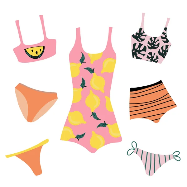 Set Con Bikini Costumi Bagno Stampa Tropicale Illustrazione Vettoriale Piatta — Vettoriale Stock