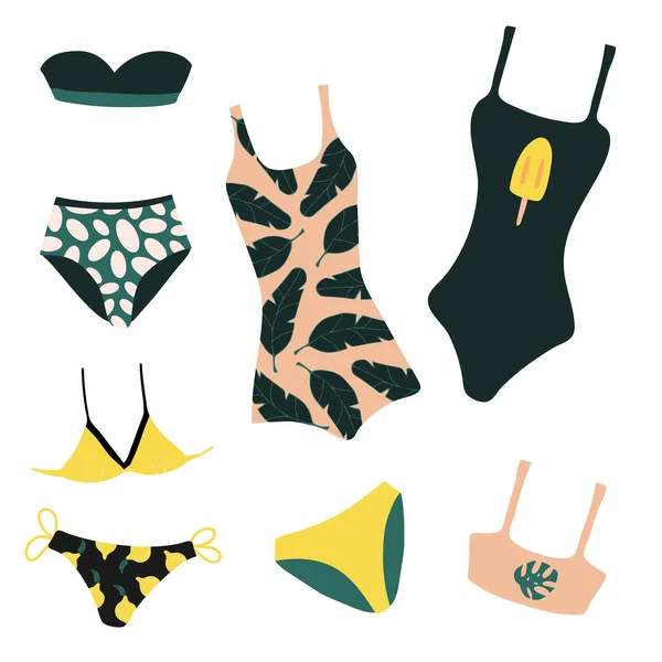 Set Con Bikini Costumi Bagno Stampa Tropicale Illustrazione Vettoriale Piatta — Vettoriale Stock
