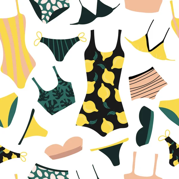 Modello Senza Cuciture Con Bikini Costumi Bagno Stampa Tropicale Illustrazione — Vettoriale Stock