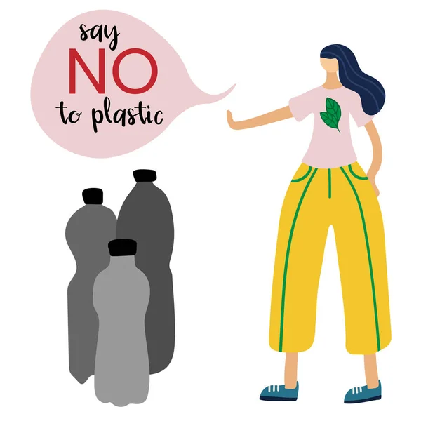 Kadın plastik şişelere hayır diyor. Atık geri dönüşüm konsepti. Yeşil Çevre Dünyası. düz vektör
