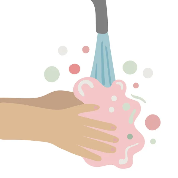 手を洗え 手で石鹸を手に持って水道水の下で 泡石鹸泡で腕 ベクトルイラスト背景に隔離されたフラットな漫画デザイン 衛生管理者 — ストックベクタ