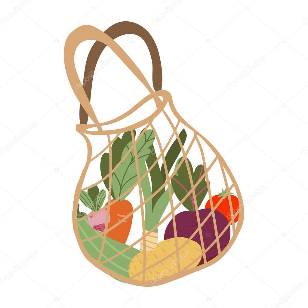 shopping bag with vegetablesMesh eco bag full of vegetables isolated on white background. Modern shopper with fresh organic food from local market.