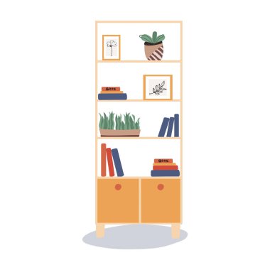 Kitaplı kitaplık, kaktüs, bitkiler, resimler. İskandinav tarzı iç mekan konseptinde moda mobilyalar. Düz vektör çizimi. Beyaz arkaplanda izole edilmiş nesne