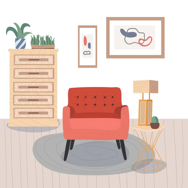 Ilustración Interior Escandinavo Minimalista Con Plantas Muebles Cuadros Ilustración Vectorial — Vector de stock