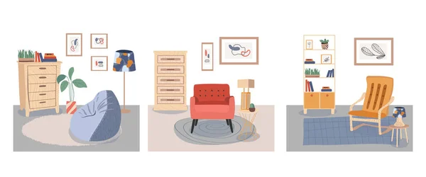 Colección Ilustraciones Con Interior Escandinavo Minimalista Con Plantas Muebles Cuadros — Vector de stock