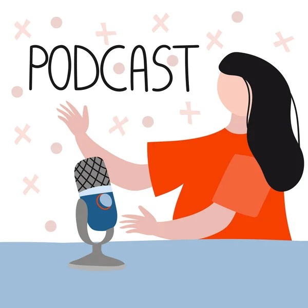 Meisje Stroomt Podcast Moderne Podcast Show Audio Blog Concept Brodcast — Stockvector