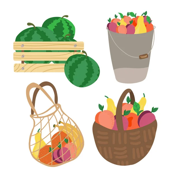 バスケットショッピングバッグ果物入りの箱 メッシュエコバッグ果物の白の背景に隔離されたフル 地元の市場からの新鮮な有機食品と現代の買い物客 — ストックベクタ