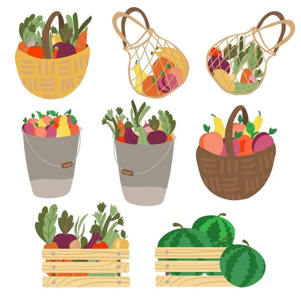 Conjunto Cesta Saco Compras Caixa Com Frutas Legumes Malha Eco — Vetor de Stock