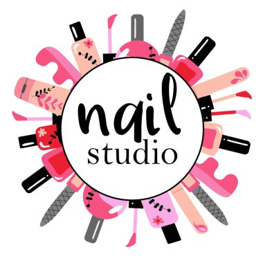 Manikür salonu, stüdyo, bar, spa, butik için vektör logoti tasarımı. Örnek metin içeren çivi sanatı etiketleri. Manikür salonu logo şablonları kümesi.