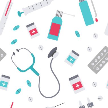 Hastane ve klinikle ilgili ikonları olan kusursuz bir A şekli. Tasarım posteri, broşür, web çöpü için düz renk vektör arka planı. Beyaz üzerine izole illüstrasyon.