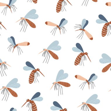 Sivrisineklerle kusursuz desen. Güzel bir çizgi film geçmişi var. Duvar kağıdı, baskı, ambalaj, kağıt, tekstil tasarımı. düz Vektör illüstrasyonu