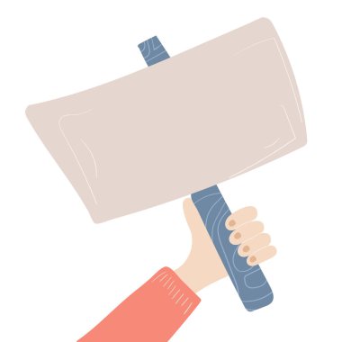 Boş bir levhayla el ele tutuşmak. Metin için boş alan. Poster boş, protesto duyuru tahtası. Vektör çizimi. Şiddete, kirliliğe, tanımlamaya, insan hakları ihlaline karşı insanlar