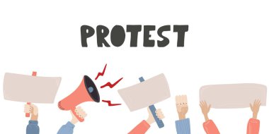 İtiraz. Protesto gösteriminde elinde tabela, afiş, megafon ve pankart tutan insanların vektör çizimi. Şiddete, kirliliğe, tanımlamaya, insan hakları ihlaline karşı insanlar