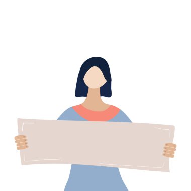 Kadının elinde boş bir poster var. Kadın protestocular ya da aktivistler. Düz çizgi film renkli vektör çizimi. Şiddete karşı feminist, kirlilik, tanımlama, waman hakları ihlali