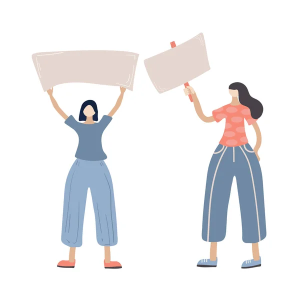 Mulheres Têm Cartaz Branco Manifestantes Ativistas Desenhos Animados Planos Ilustração — Vetor de Stock