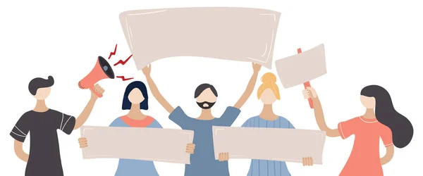 İtiraz ediyorum. Elinde boş pankartlar tutan bir grup insan eylemcileri gösteriyorlar. Sokak gösteri vektörü konsepti. Şiddete, kirliliğe, tanımlamaya, insan hakları ihlaline karşı insanlar