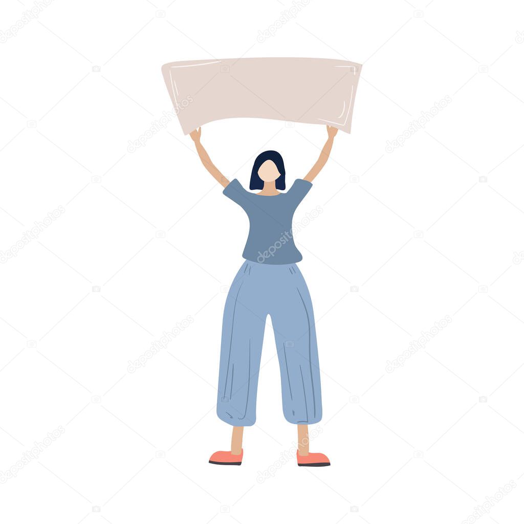 Woman holds a blank poster. Female protesters or activists. Flat cartoon colorful vector illustration. feminist against violence, pollution, descrimination, waman rights violation
