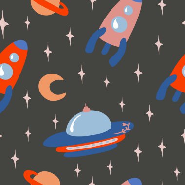 Çizgi filmlerdeki renksiz desenler UFO uzay gemisi Ay ve karanlık arka planda yıldızlar. Duvar kağıdı, baskı, ambalaj, kağıt, tekstil tasarımı. düz Vektör illüstrasyonu.