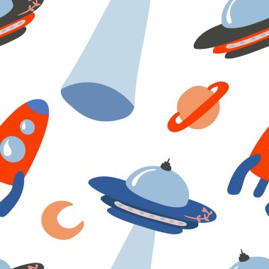 Çizgi filmlerdeki renksiz desenler UFO uzay gemisi Ay ve beyaz arka planda yıldızlar. Duvar kağıdı, baskı, ambalaj, kağıt, tekstil tasarımı. düz Vektör illüstrasyonu.