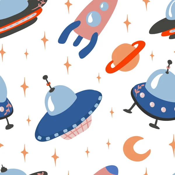 Cartoon colorful set seamless pattern with UFO rocket spaceship moon and stars on white background. Wallpaper, print, packaging, paper, textile design. flat Vector illustration.