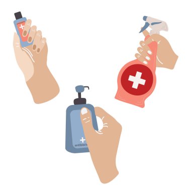 Ellerinde anti bakteriyel dezenfektan spreyi, jel ve sabun var. El dezenfektanı, enfeksiyon kontrol konsepti. Soğuk algınlığını, virüsü, Coronavirüsü, gribi önlemek için dezenfektan. Alkol spreyi. Düz vektör