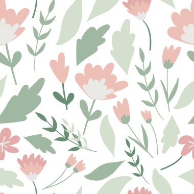 Kağıt, tekstil baskısı, sayfa dolumu için basit, minimalist, pürüzsüz desen tasarımı. Çiçekli arka plan, el yapımı yabani çiçekler, otlar ve yapraklar. Düz vektör illüstrasyonu