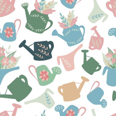 Bahçıvanlık düz vektör desenli. El yapımı güzel bir yaz dokusu. Sulama kutusuyla yaratıcı duvar kağıdı tasarımı. Kağıt, tekstil baskısı, sayfa doldurma için grafik tasarımı.