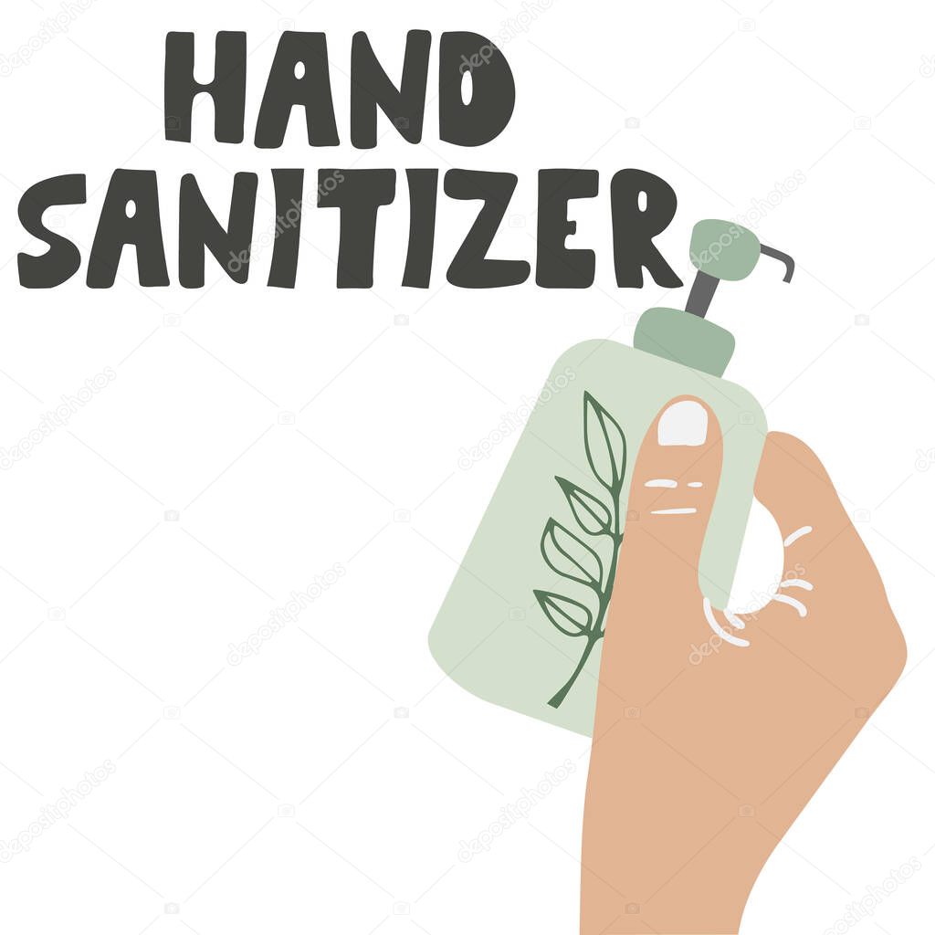hand sanitizer - text. Anti-Bacterial Sanitizer gel, Hand Sanitizer Dispenser, infection control concept. Sanitizer to prevent colds, virus, Coronavirus, flu. Alcohol spray. Flat vector