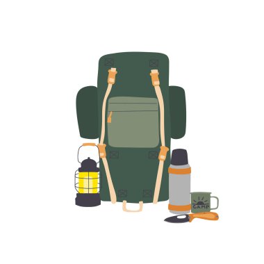 Sırt çantası, termos, turist eşyalarının bıçak bileşimi. Kamp ve yürüyüş konsepti. Ormandaki açık hava aktiviteleri sırasında piknik. düz vektör illüstrasyonu.