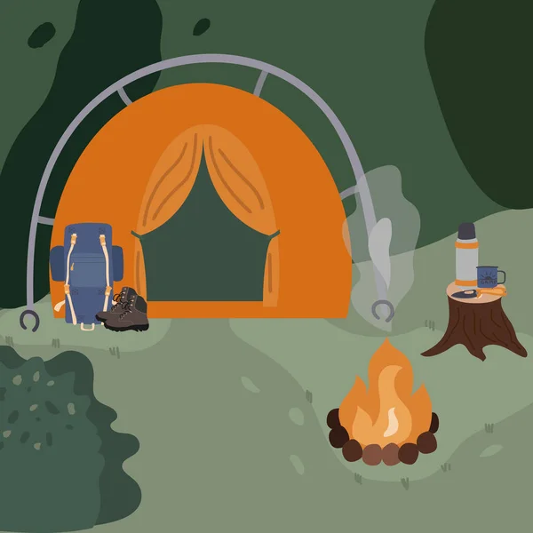 Ilustración Camping Estilo Plano Con Tienda Fogata Bosque Antecedentes Para — Vector de stock