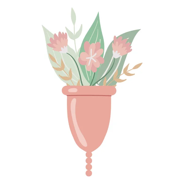 Menstruatiecup Met Bloemen Bladeren Milieuvriendelijke Siliconen Afwasbare Menstruatiecup Geen Verspilling — Stockvector