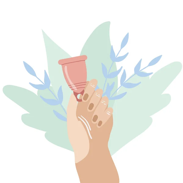 Hand Hält Menstruationstasse Auf Blumen Hintergrund Umweltfreundliche Silikonwaschbare Menstruationstasse Keine — Stockvektor