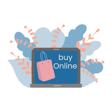 Online alışveriş kutsaması. Laptop ekranında alışveriş paketi var. Online alışveriş uygulaması. düz vektör illüstrasyonu.
