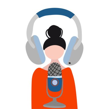 Kız podcast yapıyor. Modern podcast gösterisi veya ses blogu konsepti, brodcast düz illüstrasyon, vektör kadın, mikrofon, kulaklık ve karalama elementleri beyaz üzerine izole