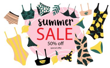 Bikini arkaplanlı yaz indirimi afişi, afiş, broşür, davetiye, poster, web sitesi veya tebrik kartı için egzotik meyve tasarımı. düz biçim