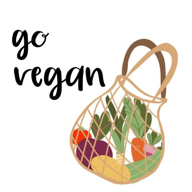 Vejetaryen ol - harf yaz. sebzeli eko poşeti: havuç, domates, soğan.