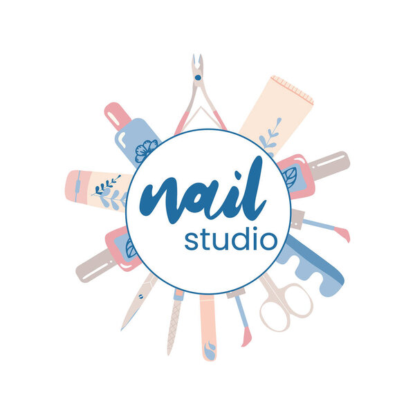 manicure banner. Cartoon color vector border, frame for design backgrounds, cards, posters. Isolated illustration on a white background. nail salon wallpaper.
