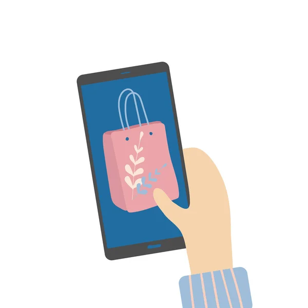 Näthandel Consept Shoppingpaket Telefonskärmen Online Shopping App Platt Vektor Illustration — Stock vektor