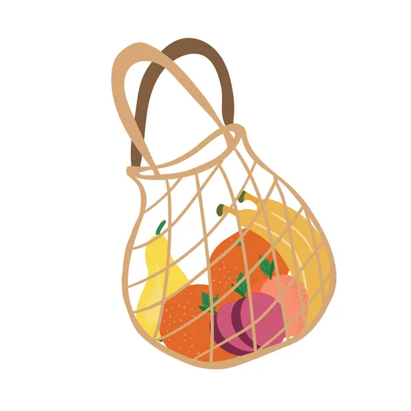 Borsa Shopping Con Frutta Mesh Eco Bag Piena Frutta Isolata — Vettoriale Stock