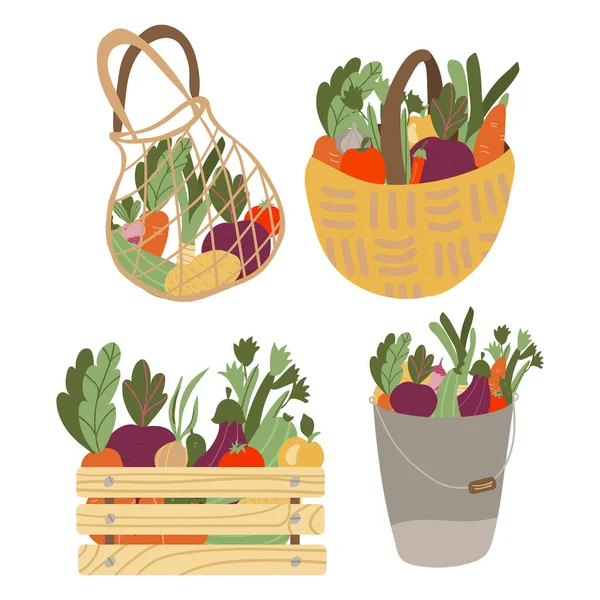 Korb Einkaufstasche Schachtel Mit Gemüse Mesh Öko Tasche Voller Gemüse — Stockvektor