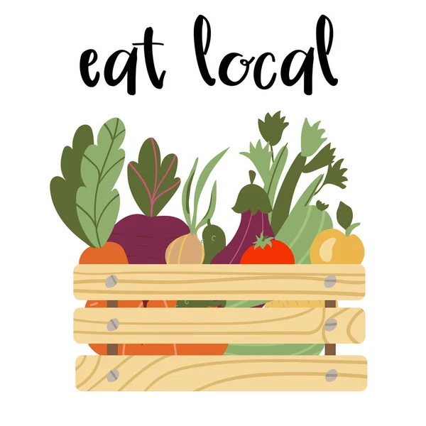 Comer Local Letras Caja Con Verduras Caja Ecológica Malla Llena — Vector de stock