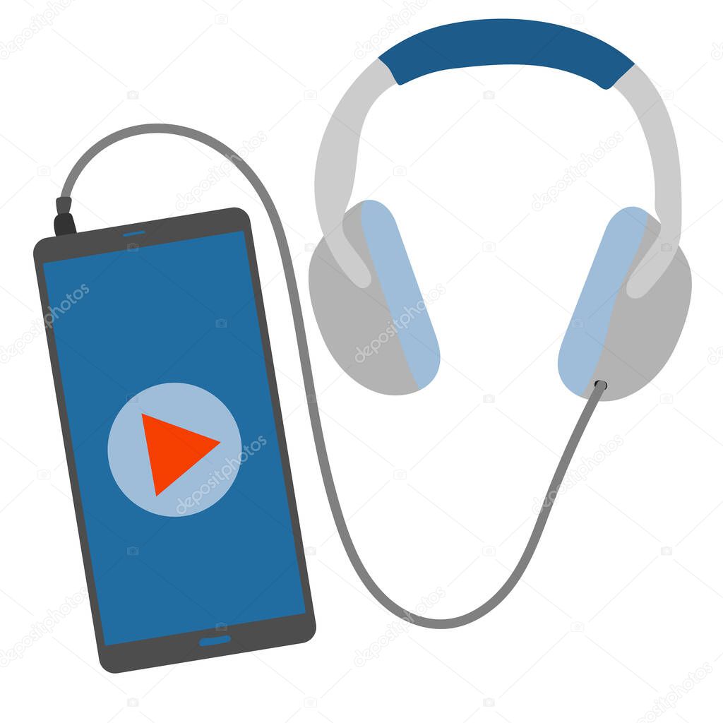 Listening to music on smartphone. Earphones and phone. Vector flat illustration of music player on white background