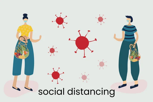 社会的距離 公共社会の人々の距離を保つCovid 19コロナウイルス感染から保護する概念を広める ビジネスマンと女性はウイルス病原体との会議で距離を保つ — ストックベクタ