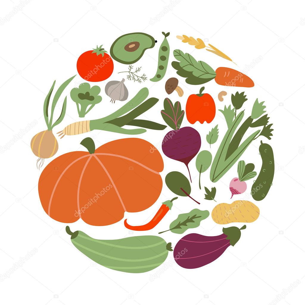 vegetable in circle shape. Set of vegetable icons forming heart shape. Vegetarian food icons. Healthy cartoon flat food illustration. hand drawn Vector illustration